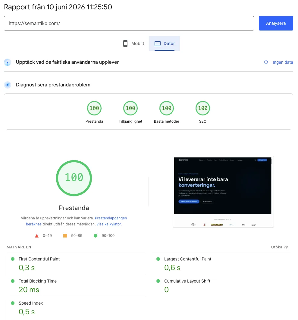 PageSpeed Insights-rapport för semantiko.com på desktop som visar 100 i prestanda, tillgänglighet, bästa metoder och SEO.
