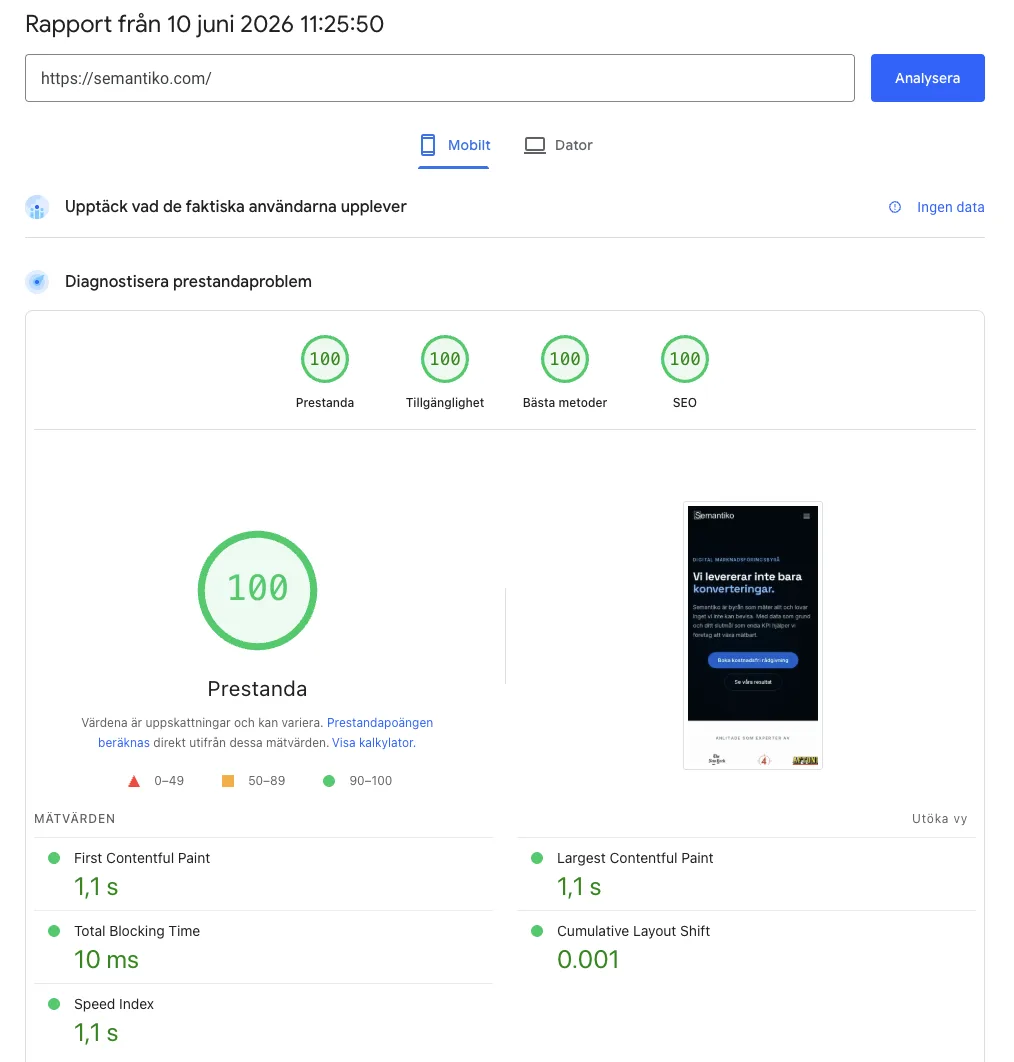 PageSpeed Insights-rapport för semantiko.com på mobil som visar 100 i prestanda, tillgänglighet, bästa metoder och SEO.