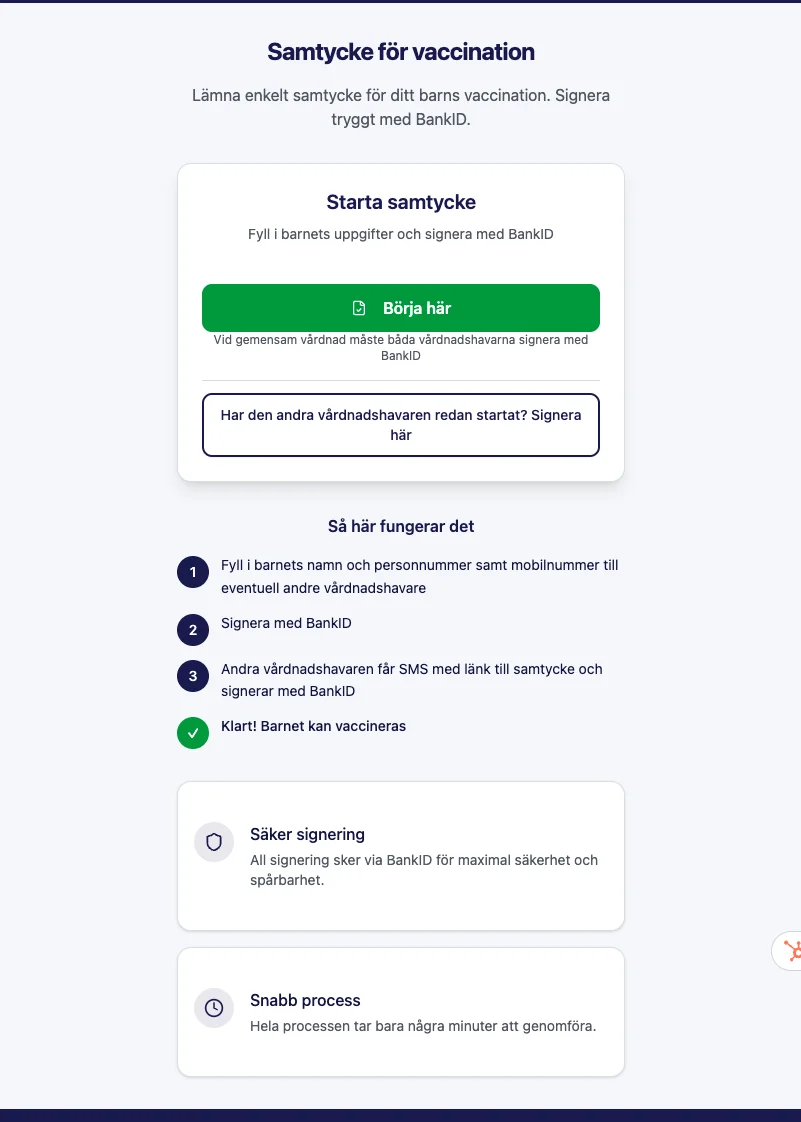 Skärmbild från mobilflöde för samtycke till vaccination med BankID och SMS till andra vårdnadshavaren