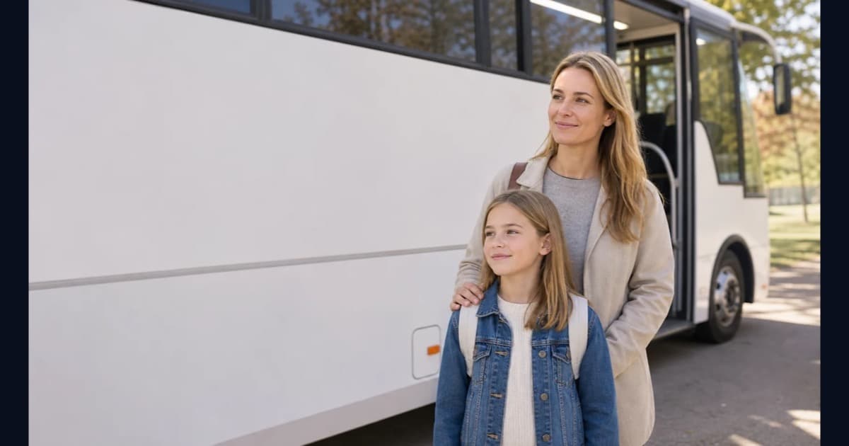 Mamma och barn framför en vaccinationsbuss som illustrerar digitalt samtycke för TBE-vaccination