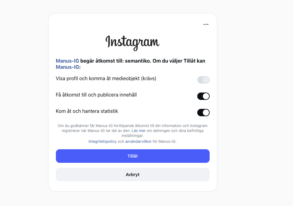 Instagram behörighetsdialog för Manus-IG – visar tre behörigheter: profilåtkomst, publiceringsrättigheter och statistikåtkomst