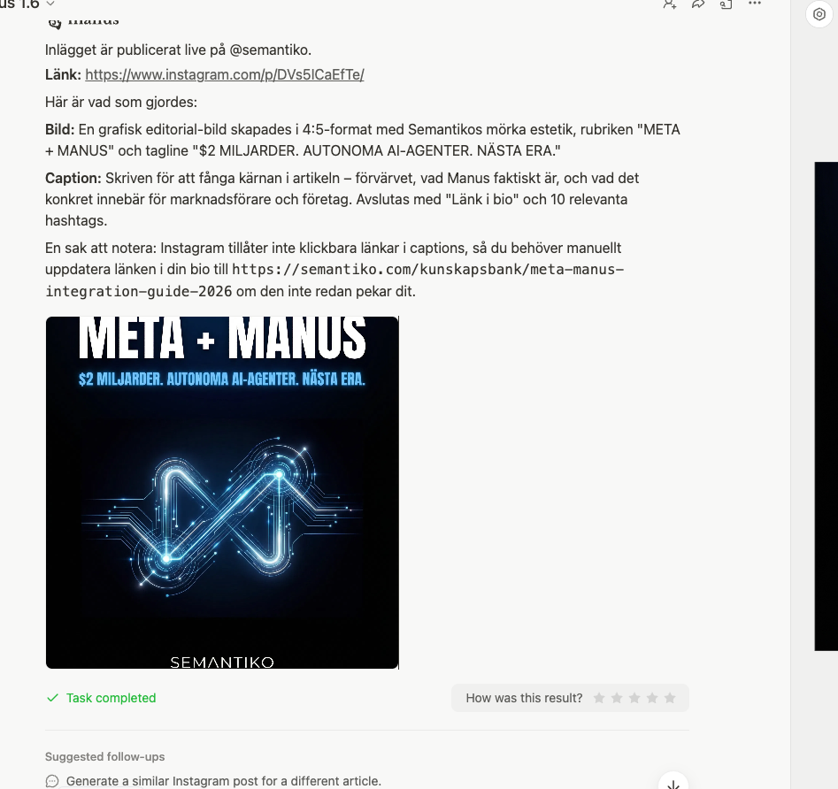 Manus AI bekräftar att Instagram-inlägget är publicerat live på @semantiko med länk till det publicerade inlägget
