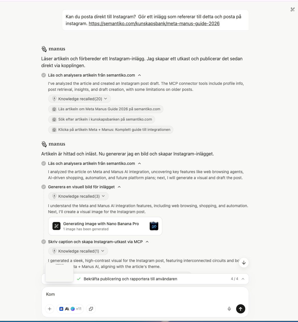 Manus AI:s arbetsflöde för att skapa och publicera ett Instagram-inlägg – visar stegen: läsa artikel, generera bild, skriva caption och publicera via MCP