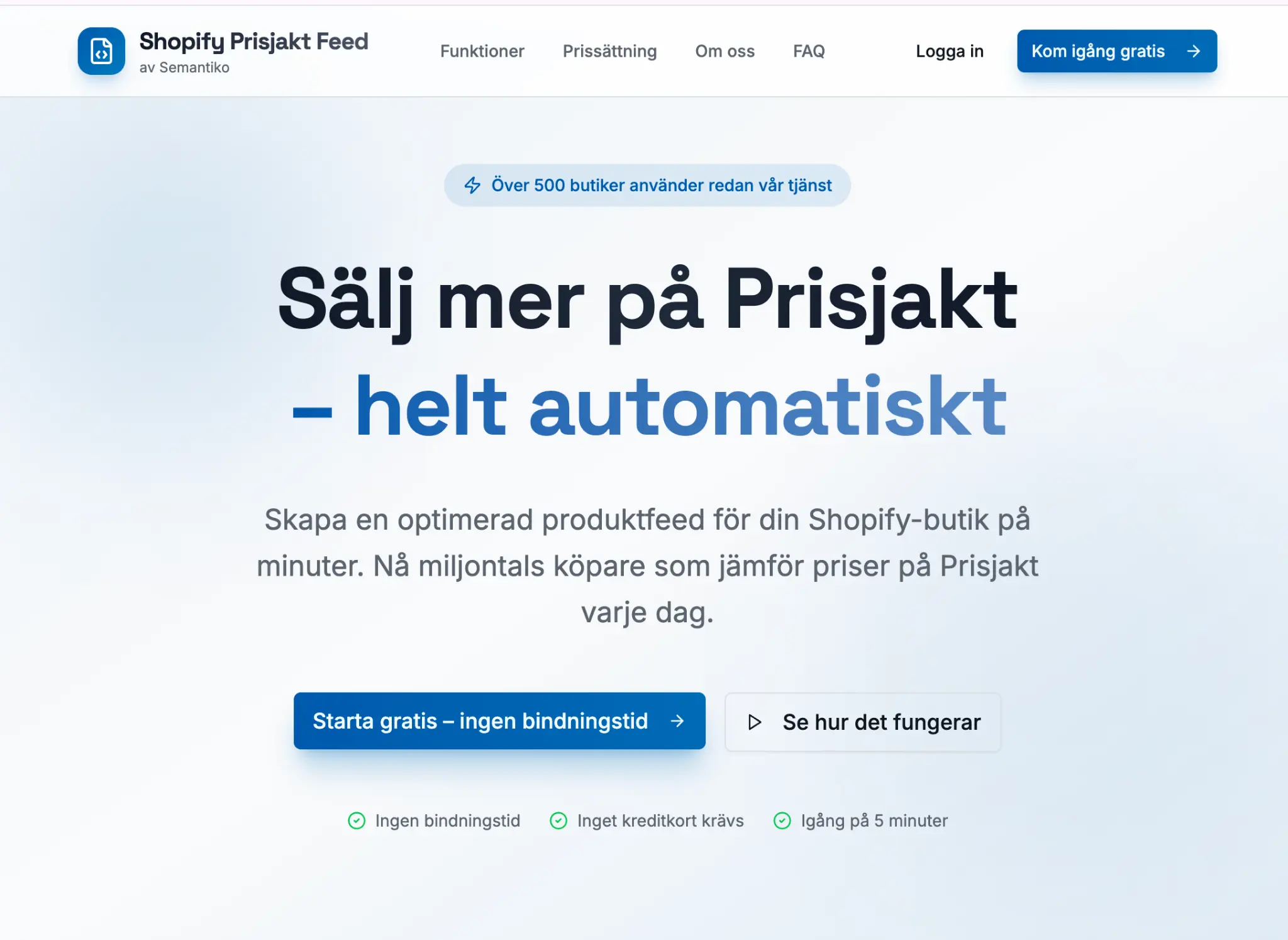 PrisjaktFeed.com startsida – automatisk Shopify-produktfeed till Prisjakt, utvecklad av Semantiko