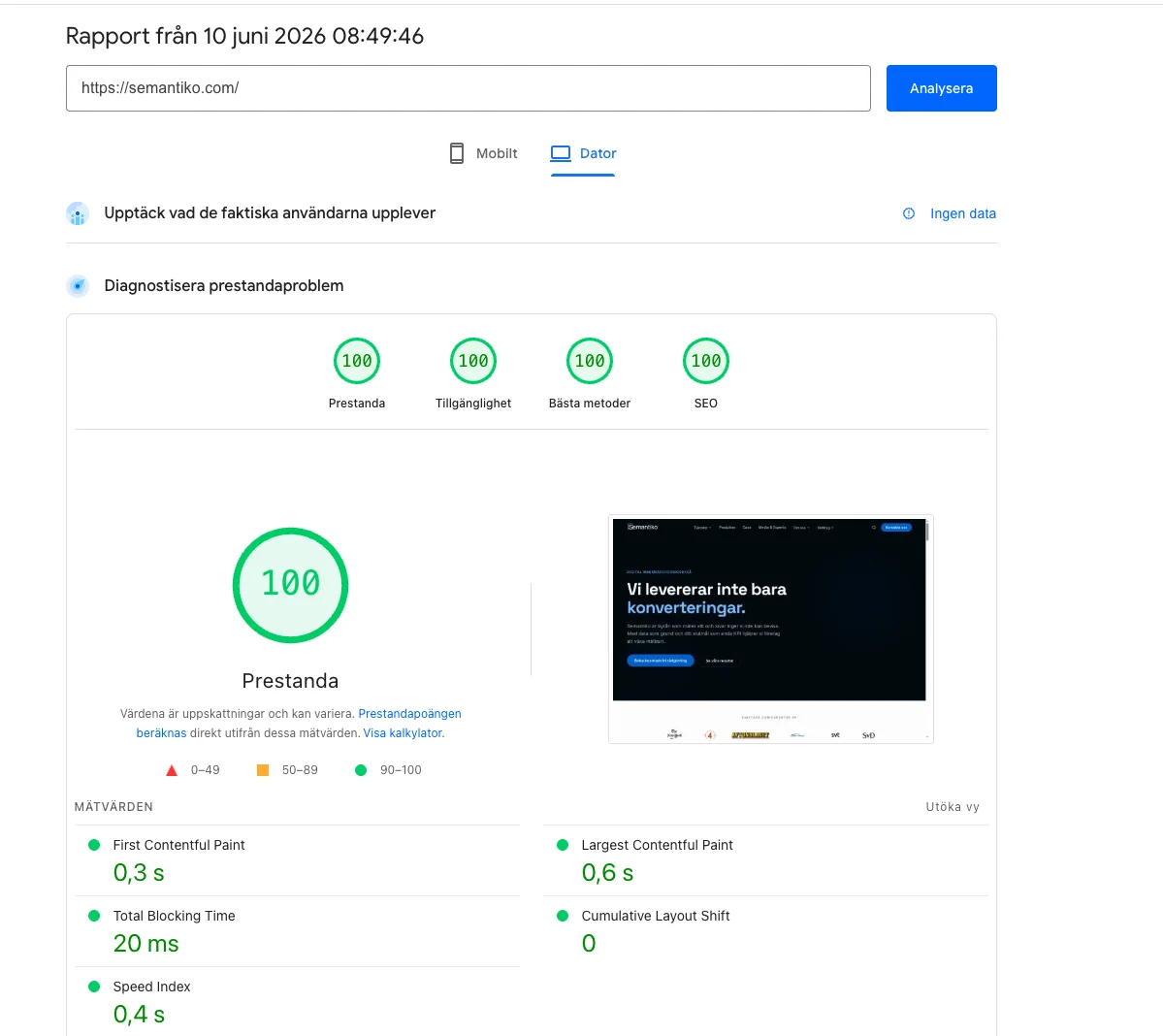PageSpeed Insights desktop-resultat för Semantiko.com med 100 i prestanda, tillgänglighet, bästa metoder och SEO