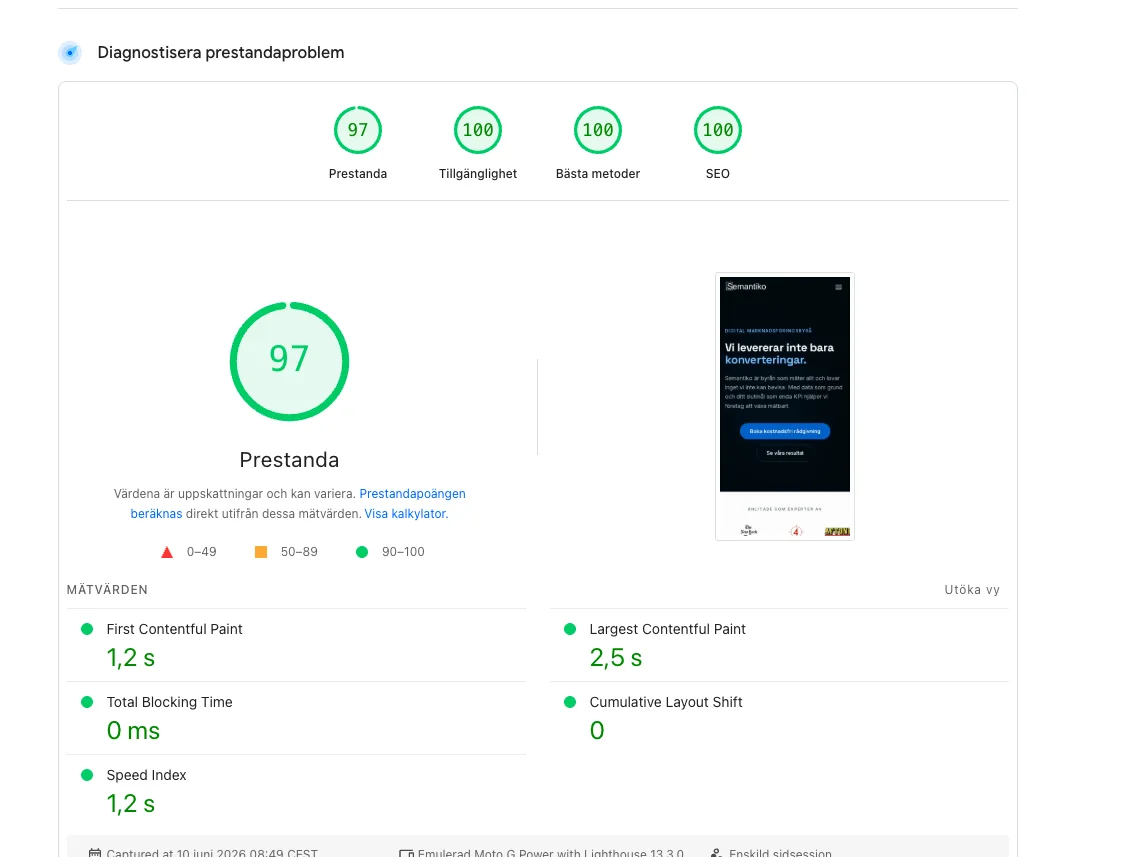 PageSpeed Insights mobilresultat för Semantiko.com med 97 i prestanda och 100 i tillgänglighet, bästa metoder och SEO