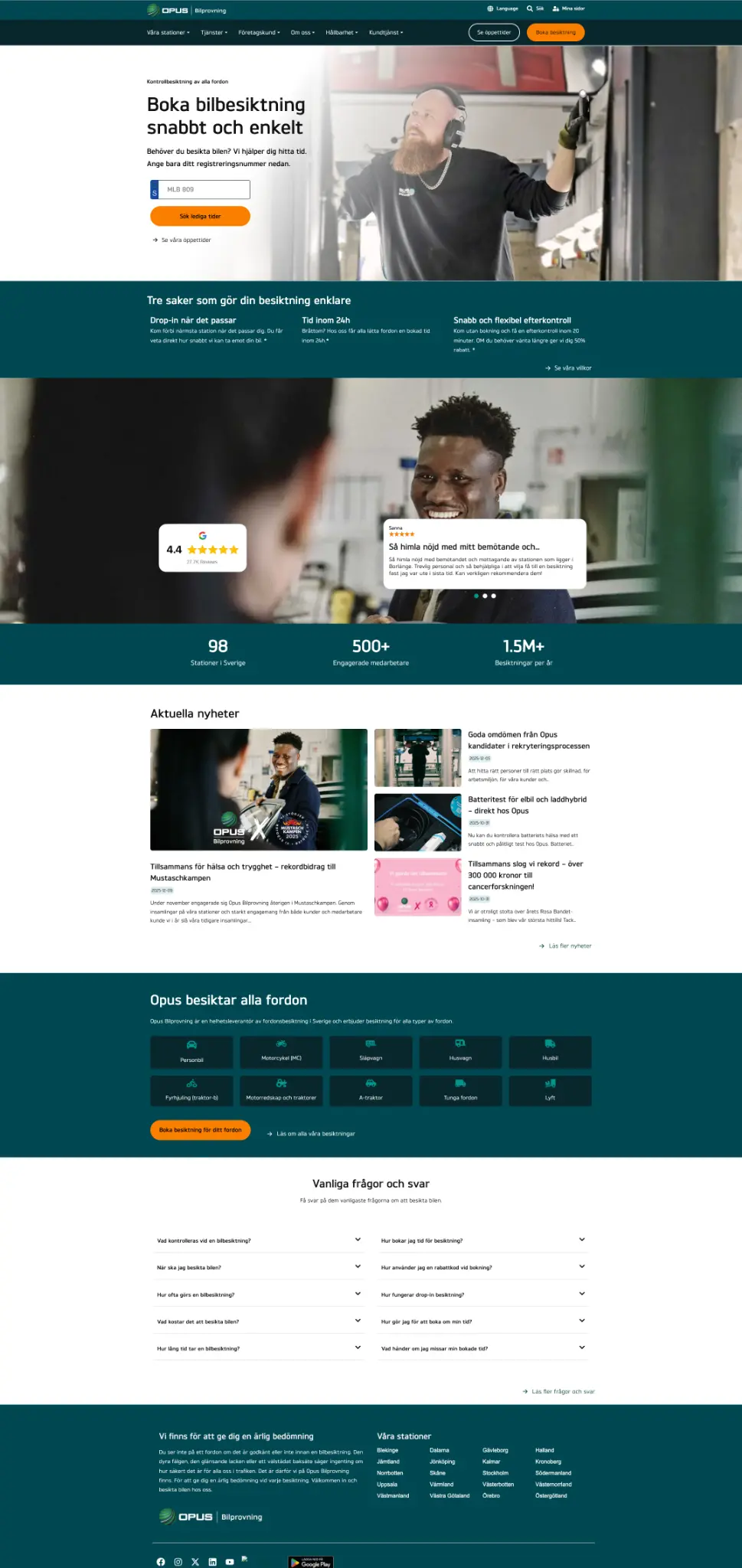 Opus webbplats 2025 – WordPress. 98 stationer, 500+ medarbetare, Google-betyg 4.4.