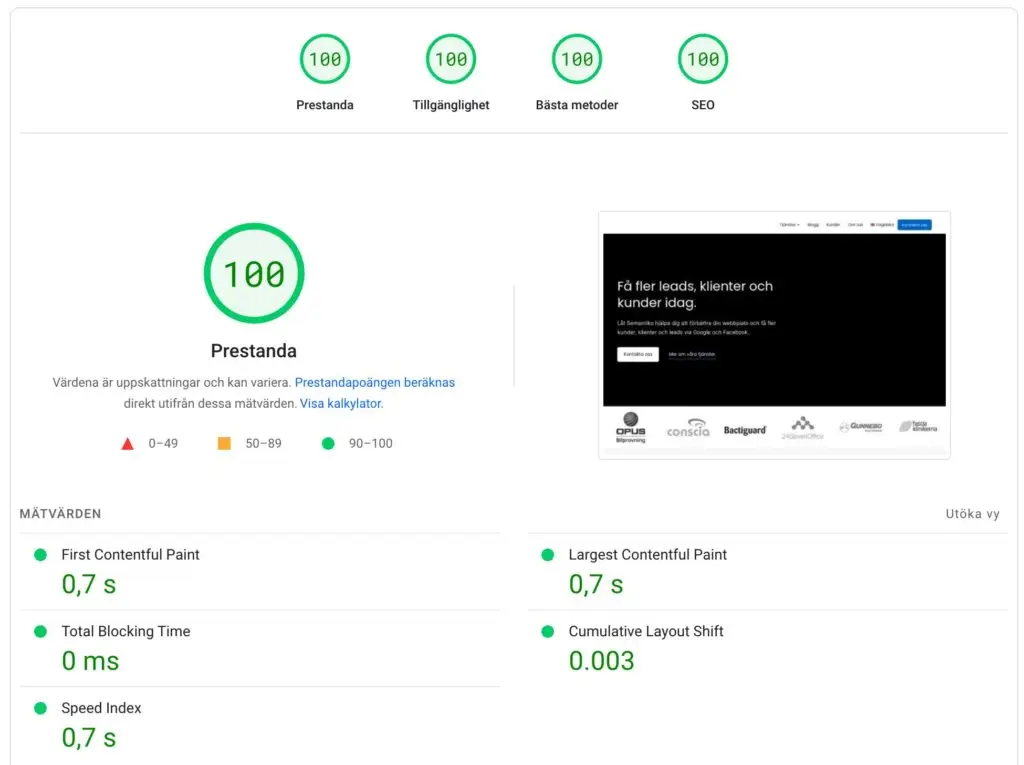 Pagespeed Insights score Semantiko